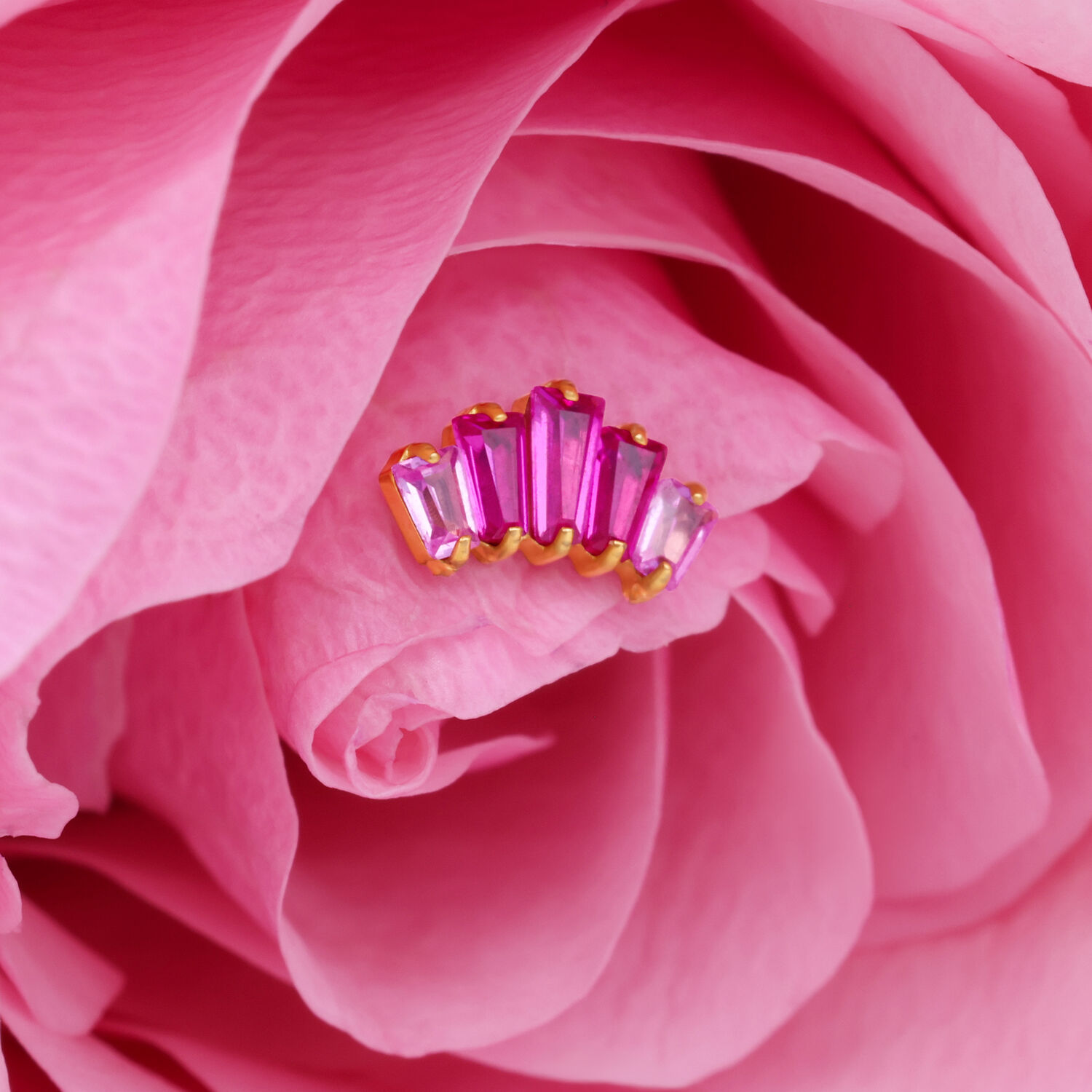 Accessorio Baguette Rosa con dettagli dorati su una rosa rosa