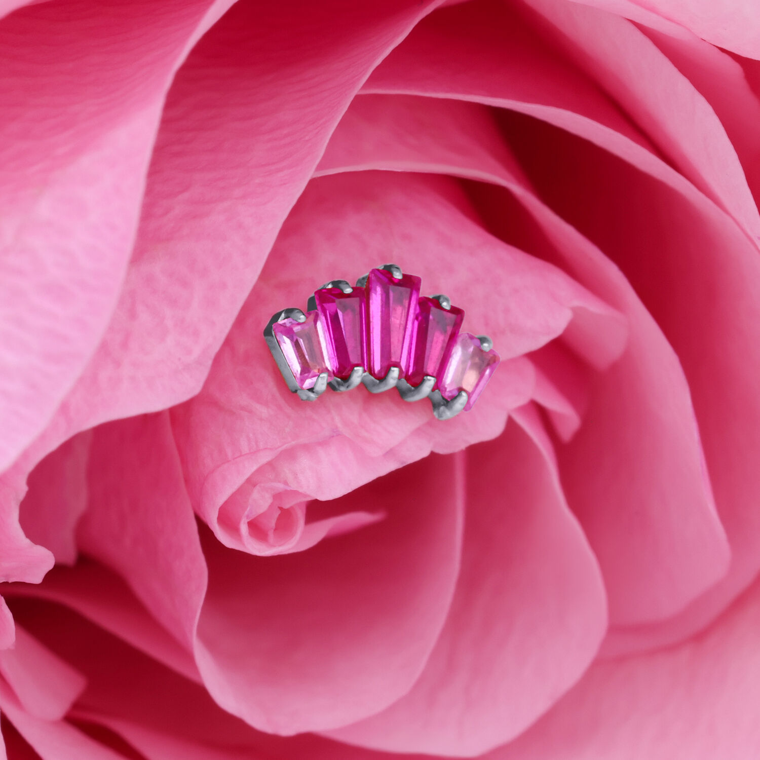 Inserto Baguette Argento Rubino posizionato su petalo rosa