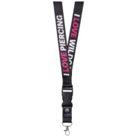 Cordino nero con testo I LOVE PIERCING bianco e rosa, gancio in metallo