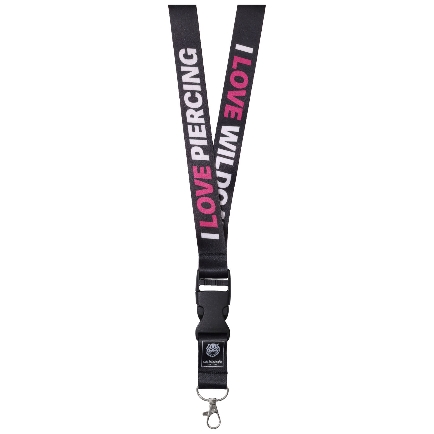Cordino nero con testo I LOVE PIERCING bianco e rosa, gancio in metallo