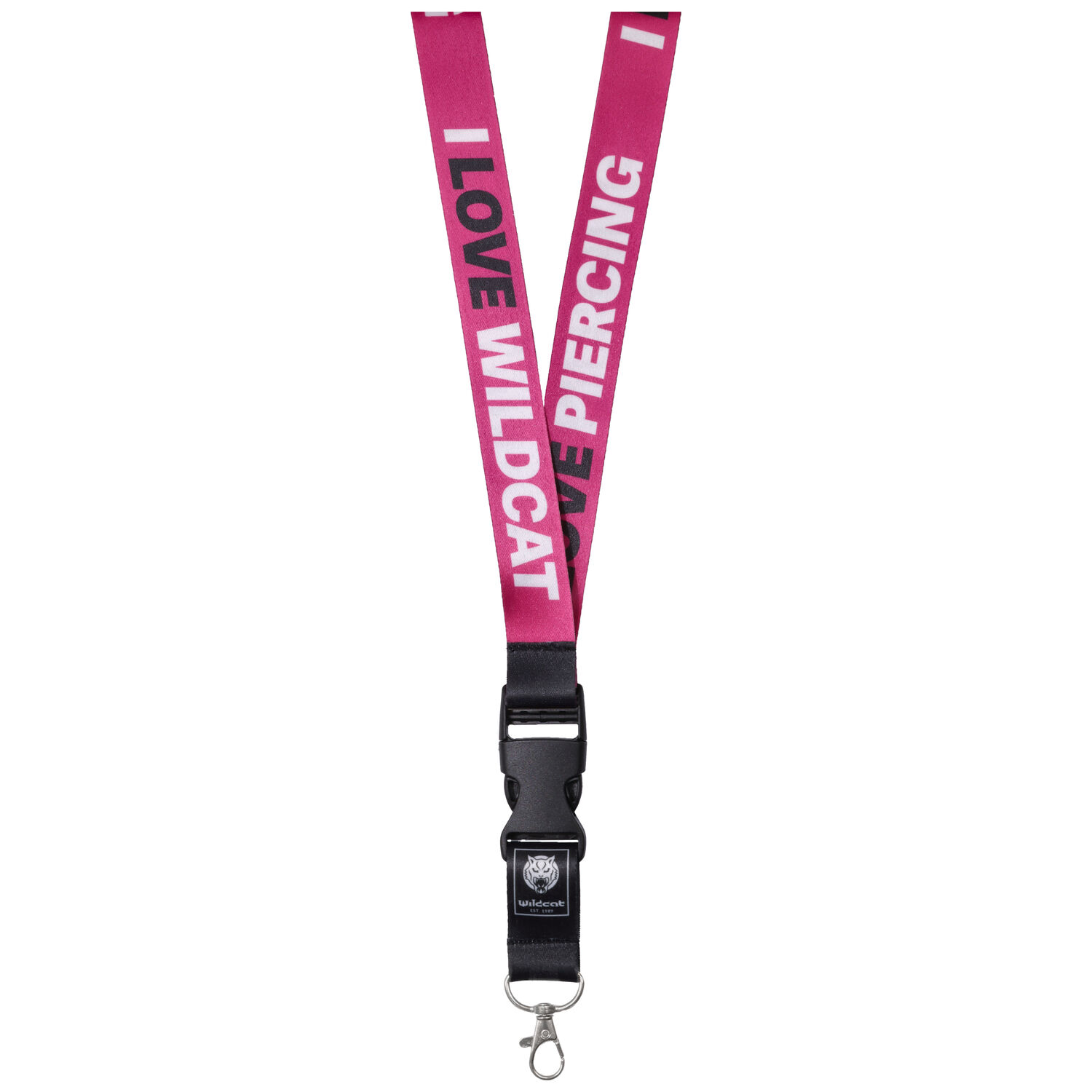Lungo lanyard rosa con clip nero e scritte 'I LOVE WILDCAT' e 'I LOVE PIERCING' su sfondo bianco