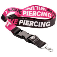 Lanyard Wildcat rosa e nero con scritta 'I LOVE PIERCING' e clip in metallo