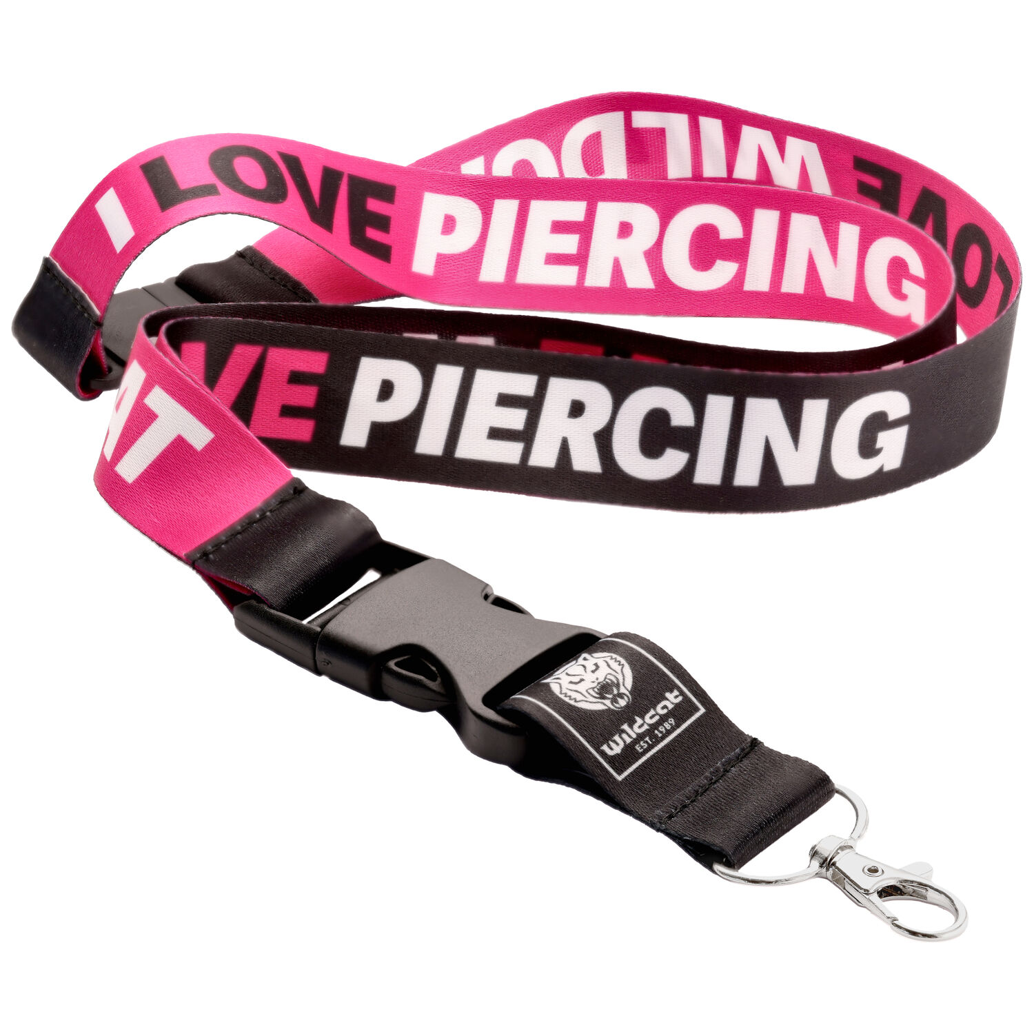Lanyard Wildcat rosa e nero con scritta 'I LOVE PIERCING' e clip in metallo