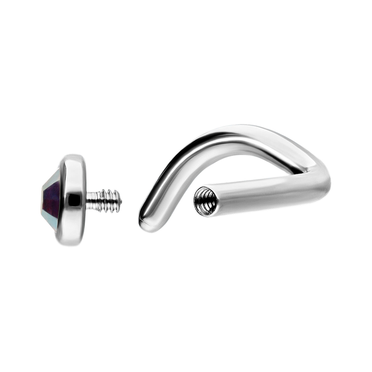 Piercing nasale in argento in titanio con cristallo Aurora Boreale, mostra filettatura e forma curva.