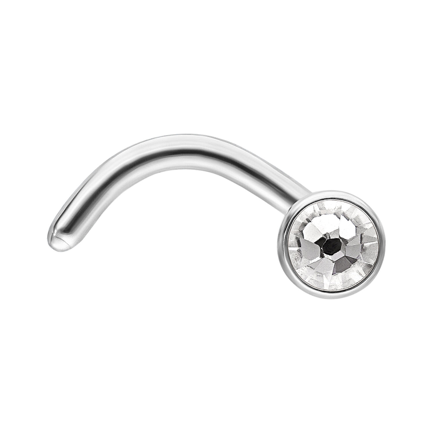 Piercing nasale in argento con cristallo chiaro su sfondo bianco