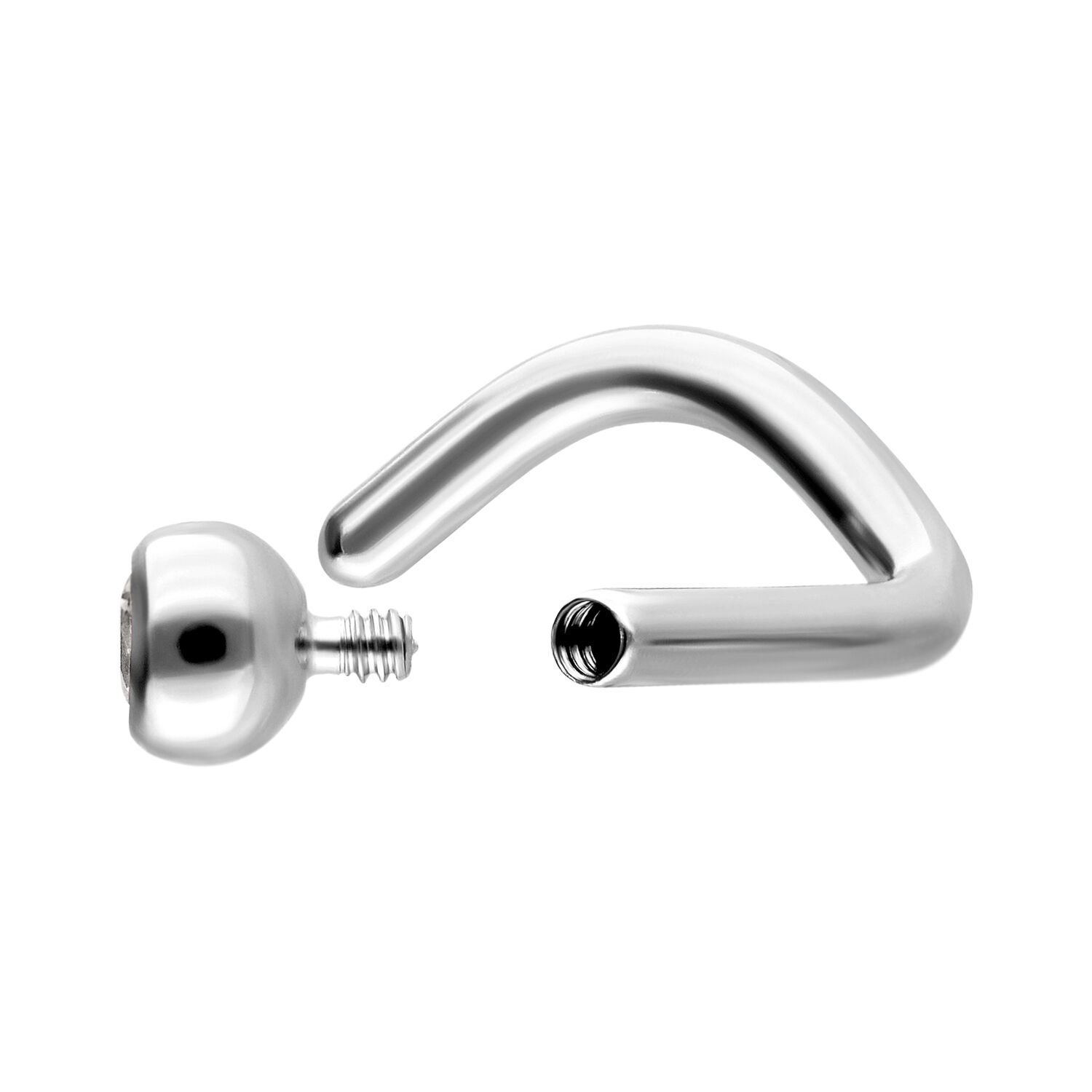 Piercing nasale argento con barra curva e sfera rimovibile, su sfondo bianco