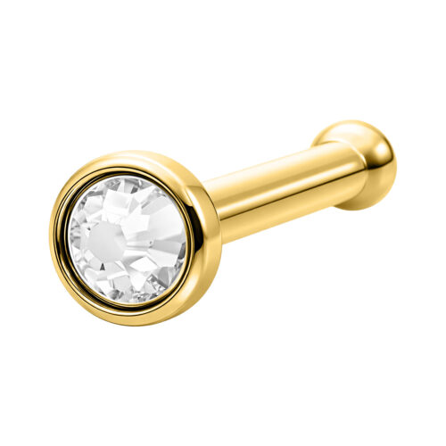 Piercing nasale dorato con cristallo chiaro su sfondo bianco