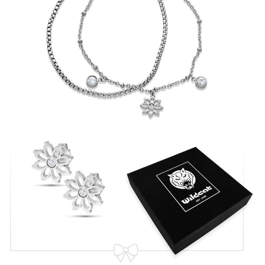 Collana e orecchini Floralis argento davanti a una scatola Wildcat nera