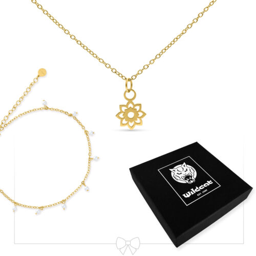 Collana dorata con ciondolo a fiore e braccialetto di perle, confezione Wildcat nera