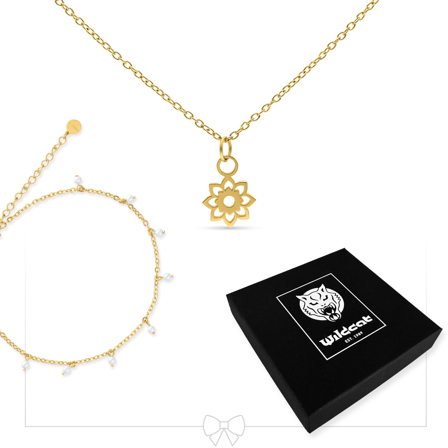 Set di gioielli dorato con accento di perle Collana dorata con ciondolo a fiore e braccialetto di perle, confezione Wildcat nera