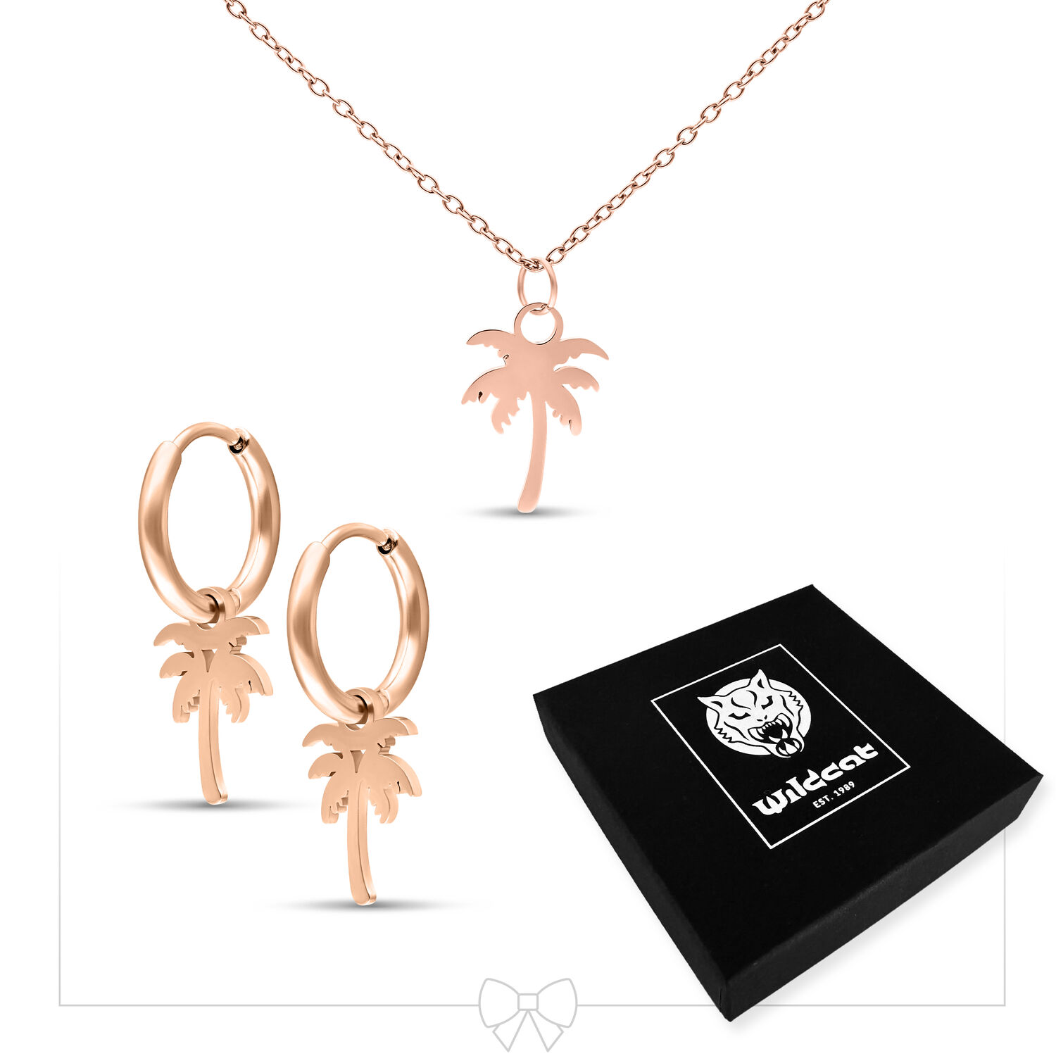Collana e orecchini in oro rosa con ciondoli a forma di palma, astuccio Wildcat nero