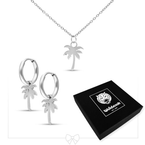 Collana e orecchini con palme in argento su sfondo bianco con confezione Wildcat