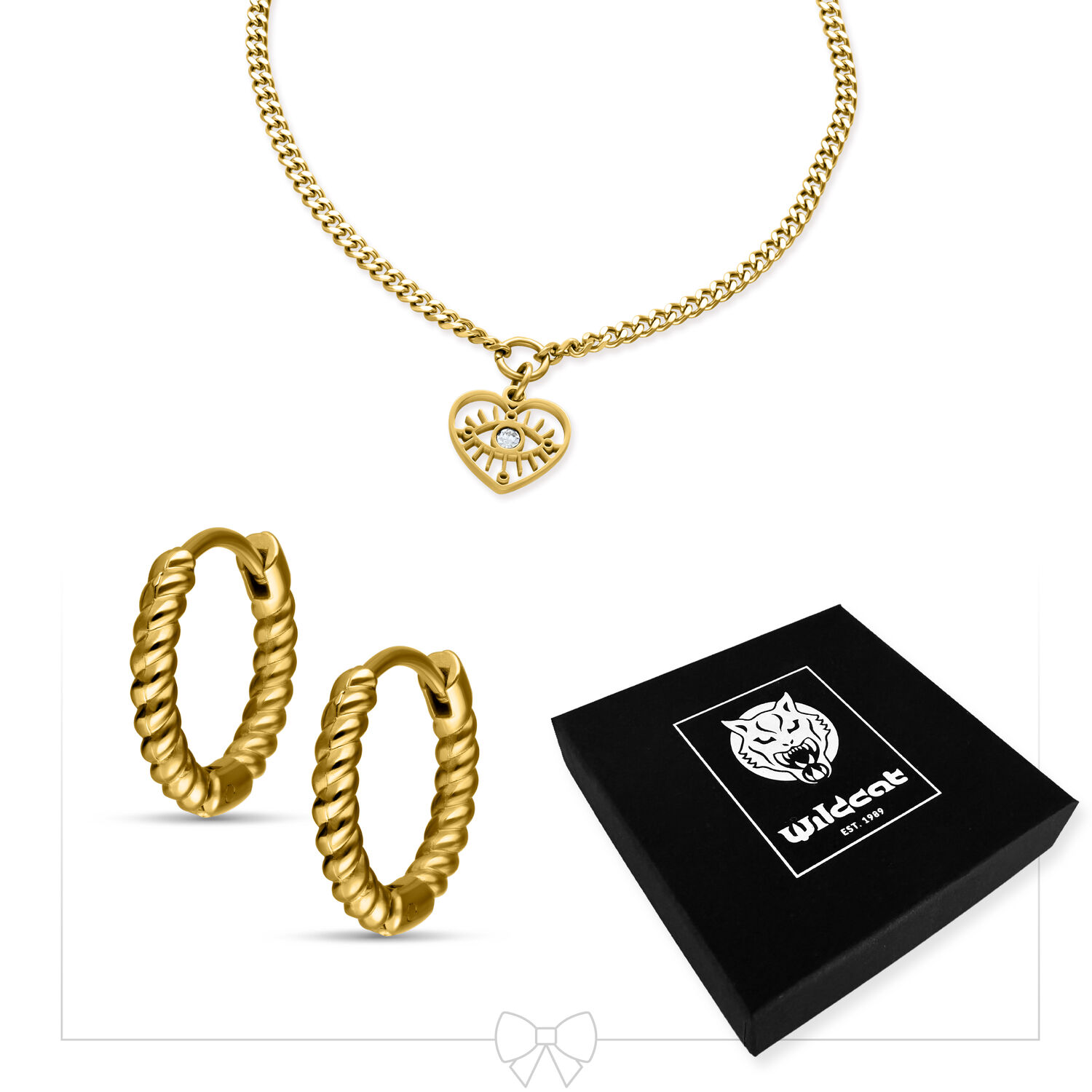 Bracciale Cuore Dorato e Set di Cerchi Bracciale dorato con ciondolo a cuore e cerchi ritorti su sfondo bianco, presentato con scatola nera Wildcat.