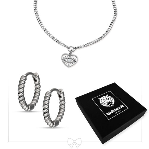 Bracciale in argento con ciondolo a cuore e un paio di cerchi intrecciati, confezione Wildcat nera