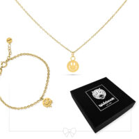 Collana dorata con ciondolo Smiley e braccialetto abbinato, cofanetto gioielli nero Wildcat