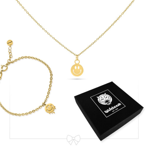Collana dorata con ciondolo Smiley e braccialetto abbinato, cofanetto gioielli nero Wildcat