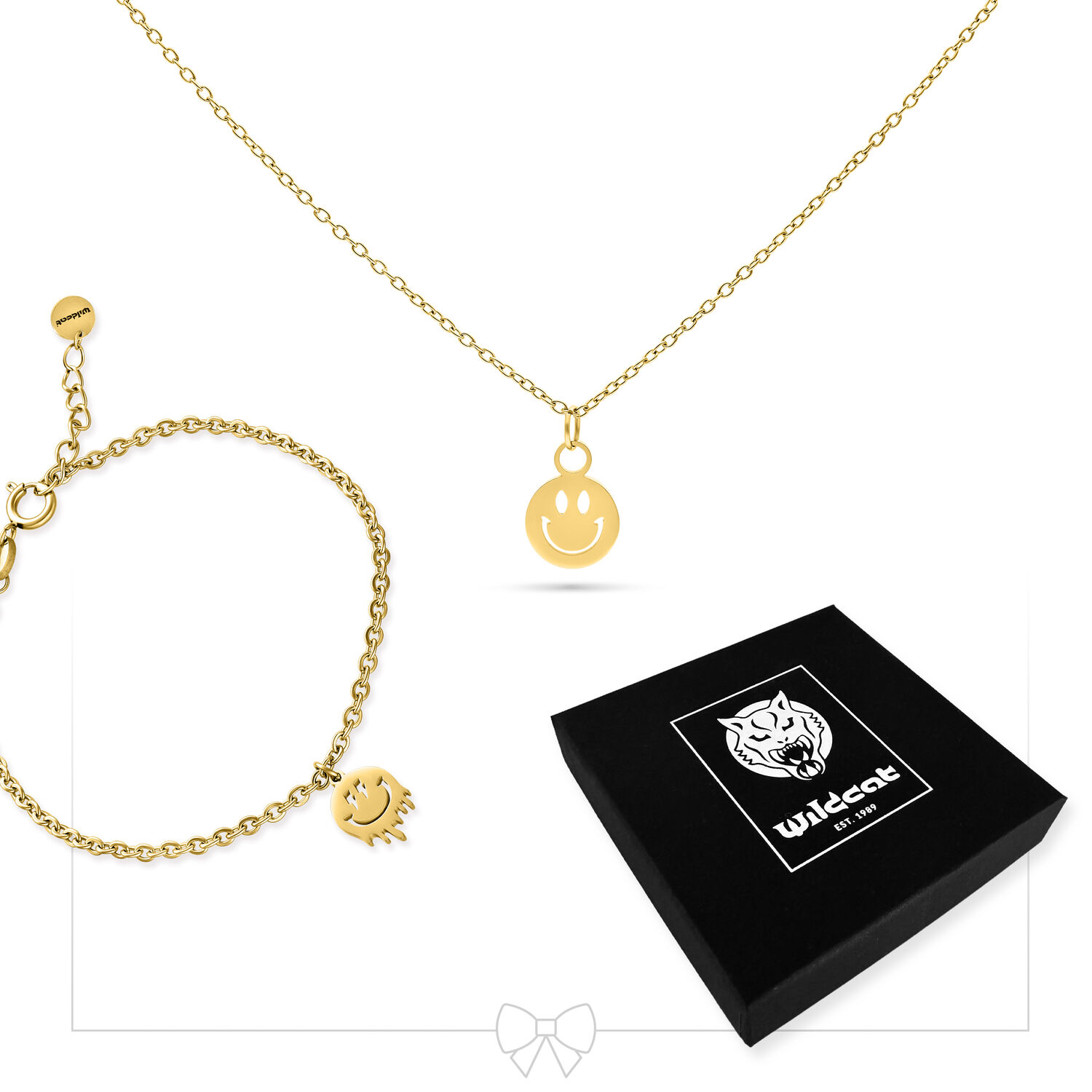 Collana dorata con ciondolo Smiley e braccialetto abbinato, cofanetto gioielli nero Wildcat