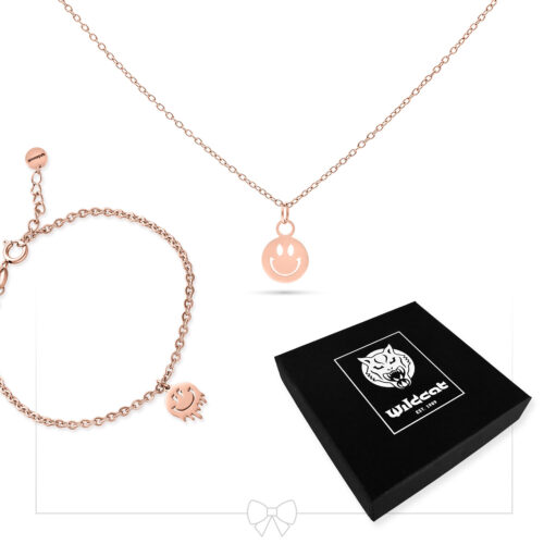 Set di gioielli in oro rosa con ciondolo Smiley e scatola regalo nera