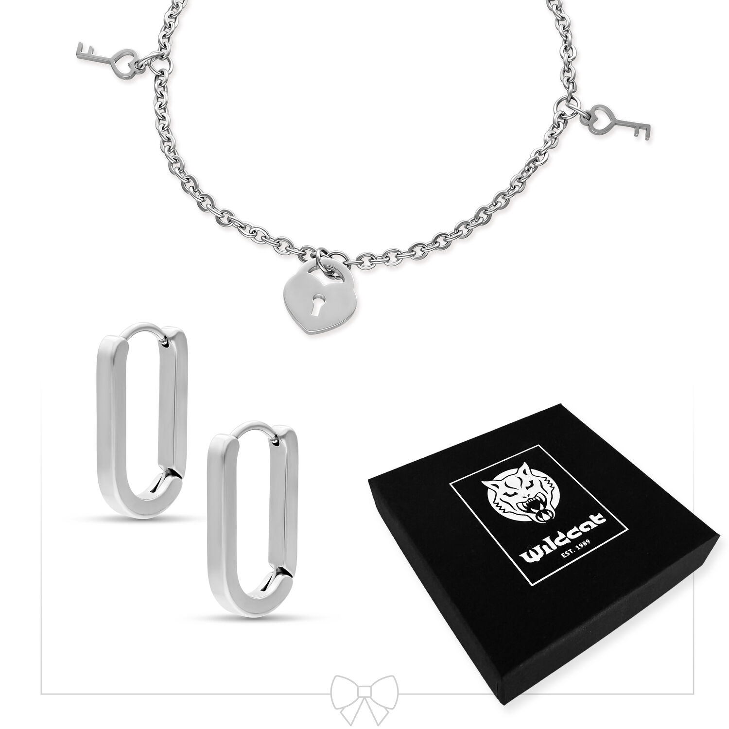Bracciale d'argento con ciondoli a chiave e lucchetto a forma di cuore, orecchini d'argento e scatola Wildcat nera