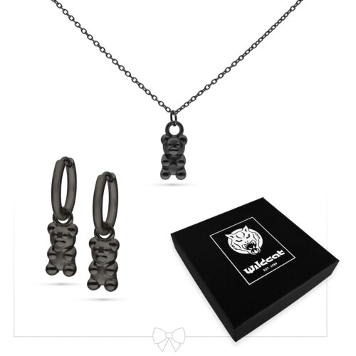 Collana e orecchini orsetto nero in gomma in acciaio chirurgico con scatola Wildcat