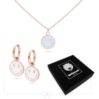 Set di gioielli in oro rosa con ciondolo Smiley e orecchini, scatola nera