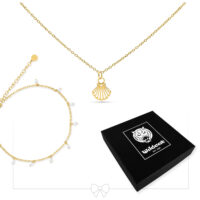 Set Collana e Cavigliera con Conchiglie Dorate Set di collane dorate con pendente a conchiglia e perline, scatola nera Wildcat