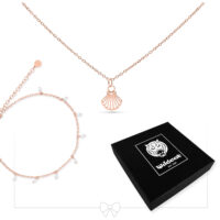 Collana in oro rosa con ciondolo a conchiglia e cavigliera abbinata, scatola gioielli Wildcat nera