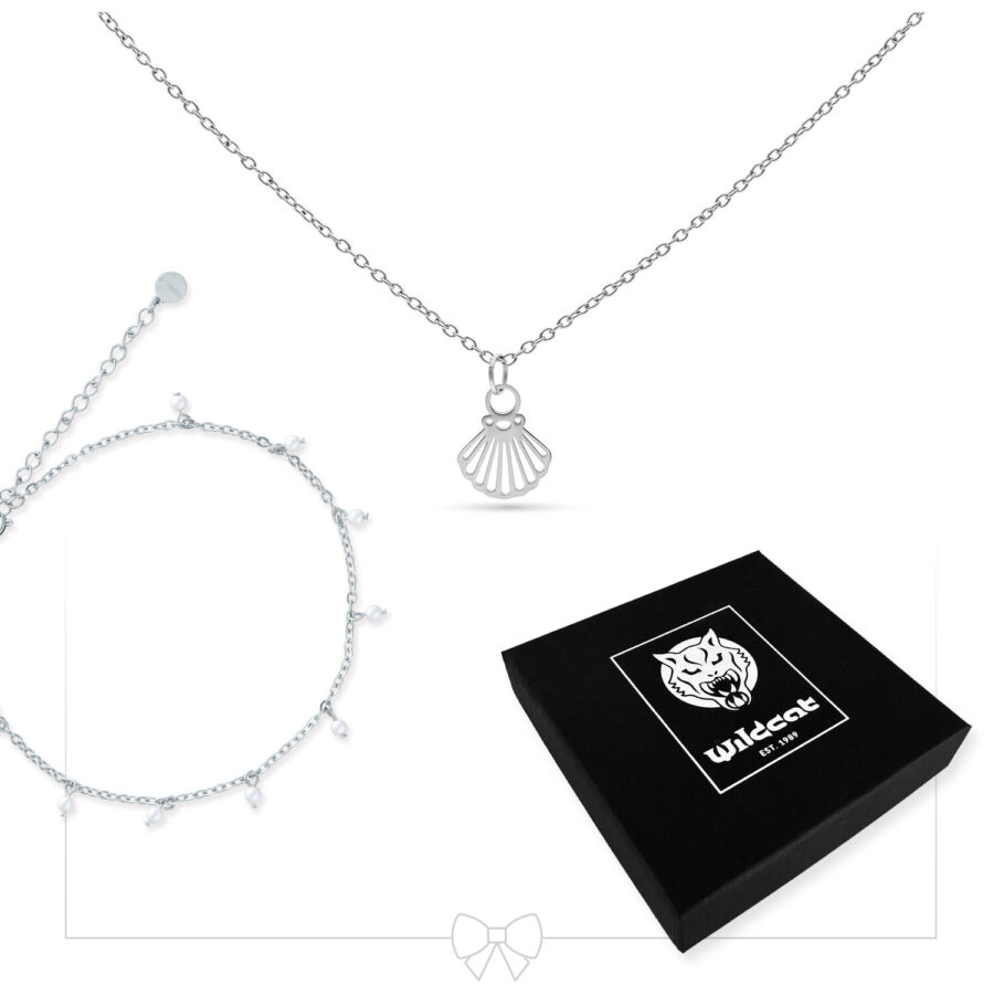 Collana in argento con ciondolo a conchiglia e cavigliera abbinata, scatola nera
