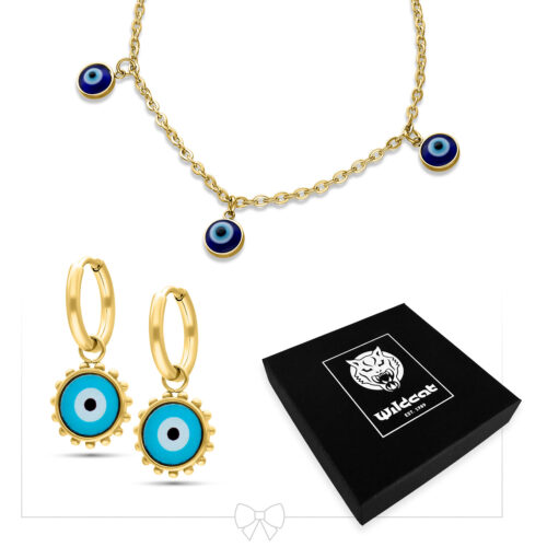 Collana dorata con occhio di Nazar e creoli abbinati, scatola nera