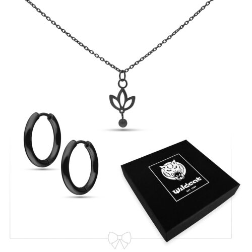 Collana nera con ciondolo a giglio e cerchietti, scatola gioielli Wildcat