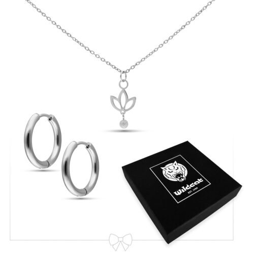 Collana con giglio e set di cerchi in argento su sfondo bianco con confezione Wildcat nera
