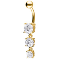 Piercing all'ombelico dorato con cristalli Bananabell dorato con tre cristalli chiari su sfondo bianco