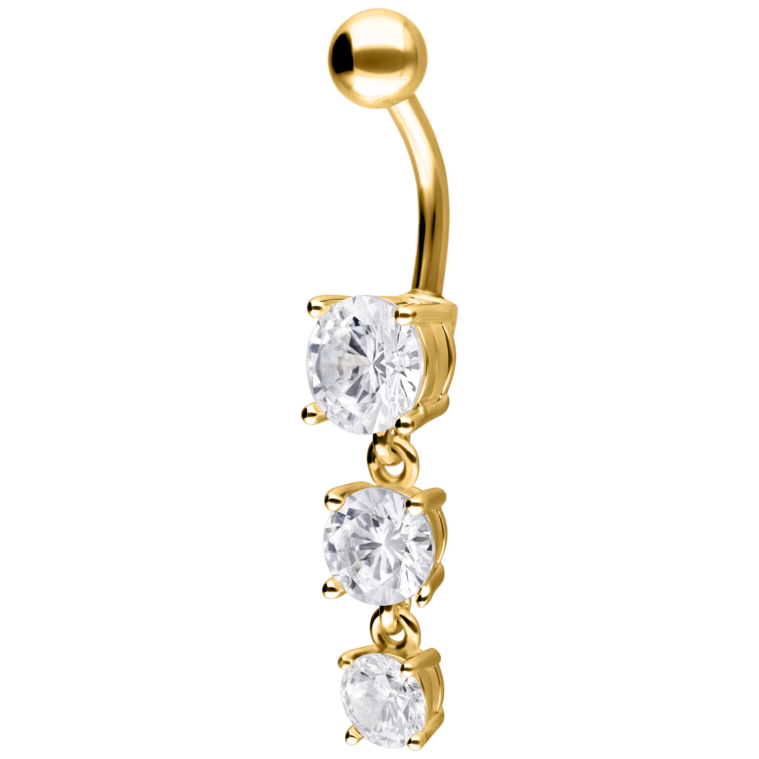 Piercing all'ombelico dorato con cristalli Bananabell dorato con tre cristalli chiari su sfondo bianco