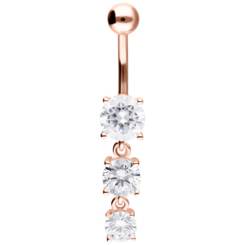 Piercing all'ombelico in oro rosa con tre cristalli chiari su sfondo bianco