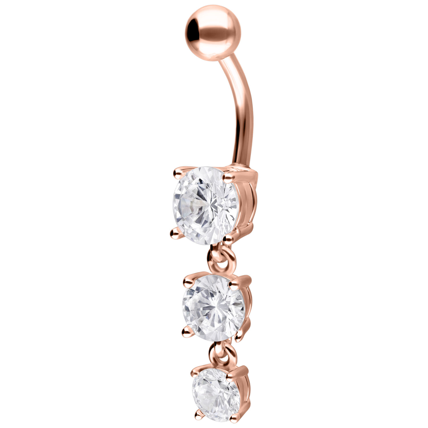 Piercing all'ombelico in oro rosa con tre cristalli chiari su sfondo bianco
