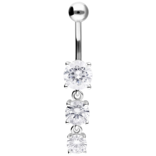 Banana Bell in argento con tre cristalli chiari e rotondi su sfondo bianco