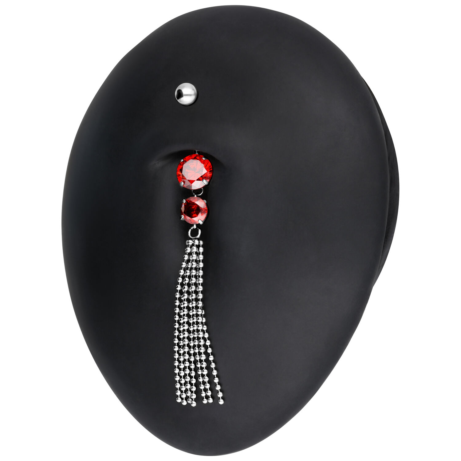 Banana Bell in argento con cristalli rossi e catene su supporto nero