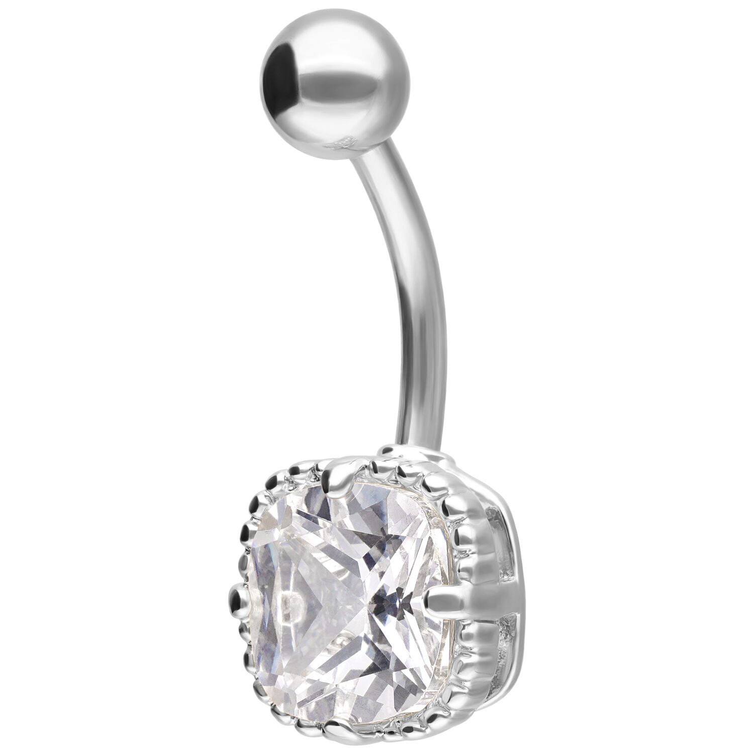 Banana barbell in argento con grande cristallo taglio quadrato su sfondo bianco