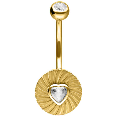 Banana bell d'oro con cristallo a forma di cuore e rotondo su sfondo bianco