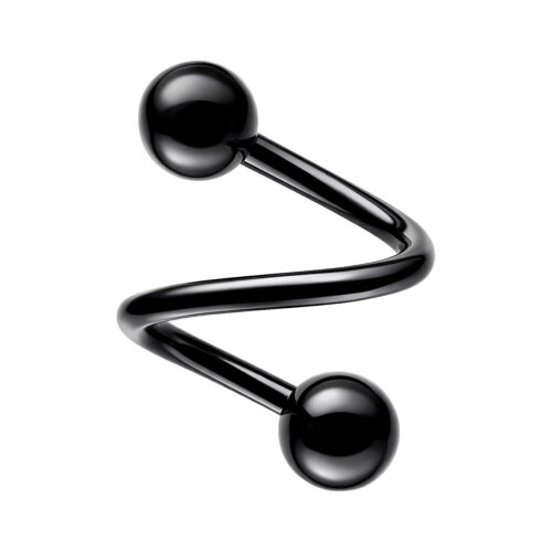 Spirale nera in acciaio chirurgico con due sfere su sfondo bianco