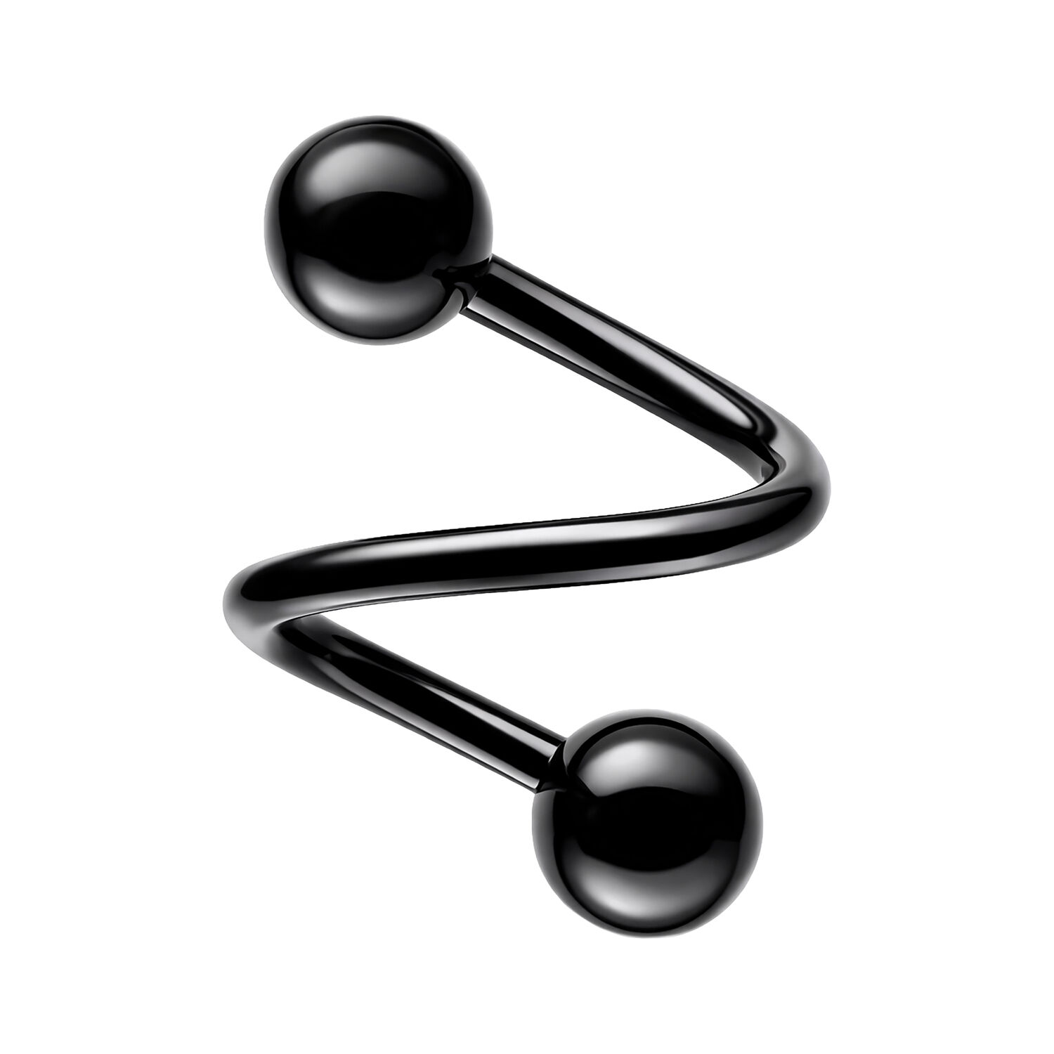 Spirale nera in acciaio chirurgico con due sfere su sfondo bianco