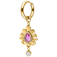 Orecchino dorato con pendente di cristallo rosa Orecchino dorato con cristallo a goccia rosa e sfera di cristallo trasparente