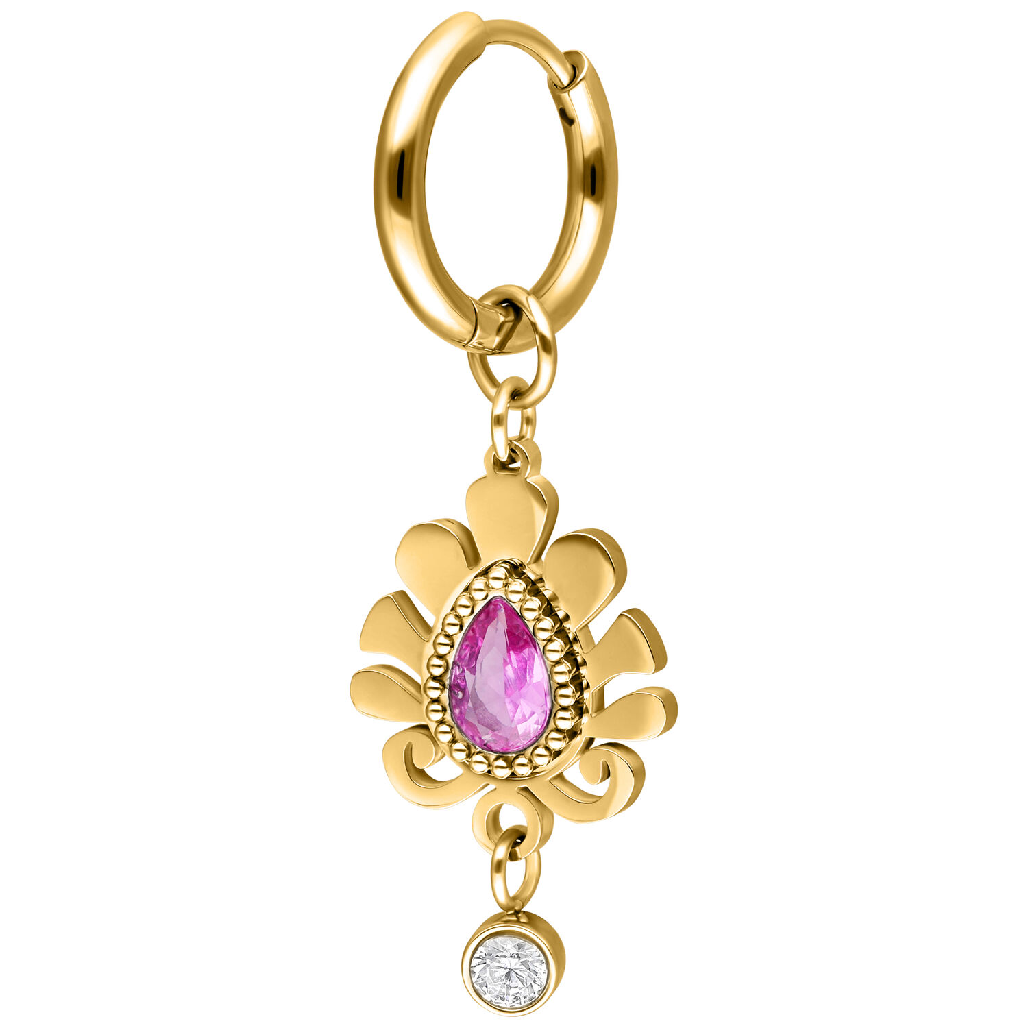 Orecchino dorato con pendente di cristallo rosa Orecchino dorato con cristallo a goccia rosa e sfera di cristallo trasparente