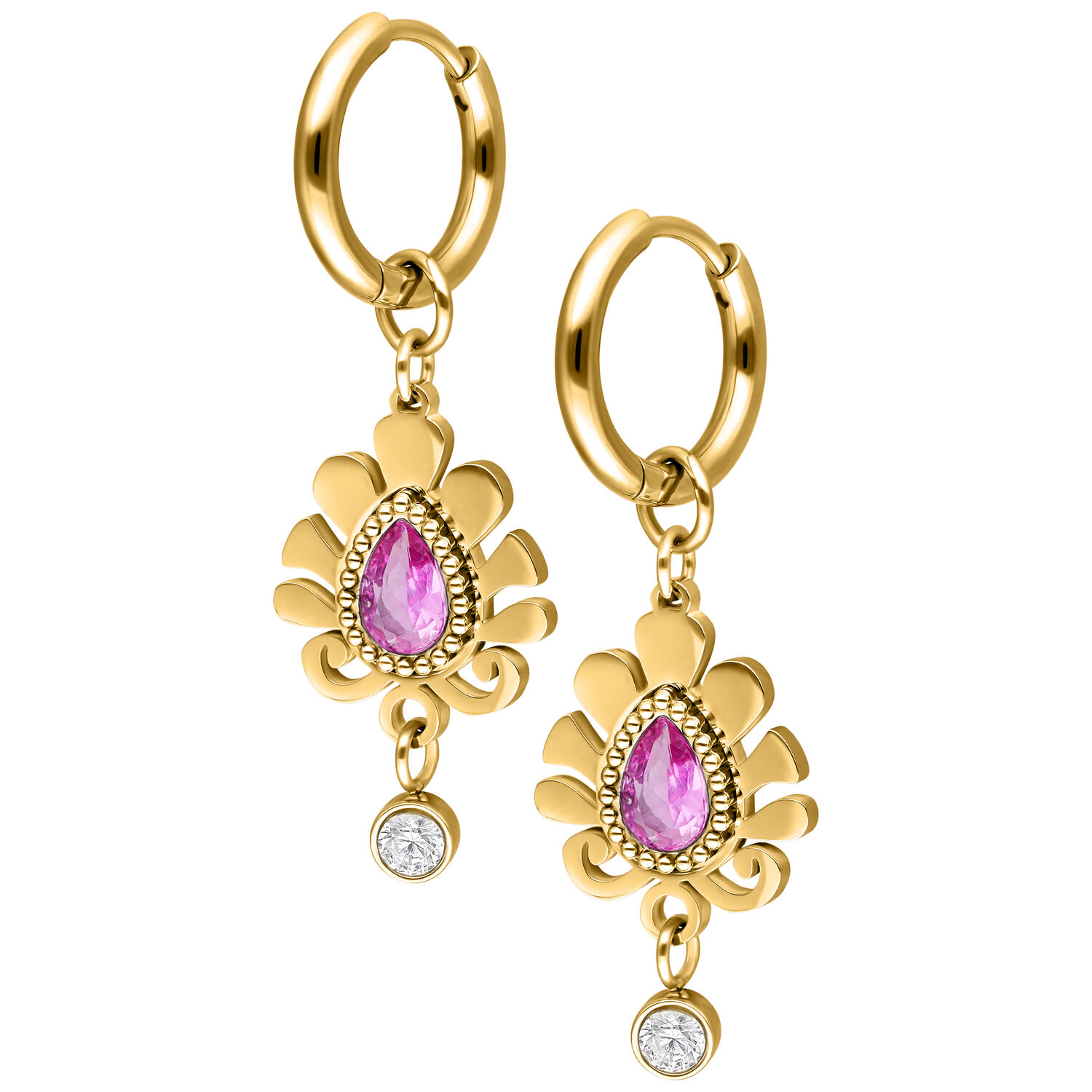 Orecchini dorati con pietra rosa e zirconi Orecchini dorati con pietra rosa a forma di goccia e pendente in zirconi su sfondo bianco