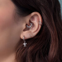 Primo piano di un orecchio con orecchini a tartaruga d'argento e altri piercing, capelli castani sullo sfondo