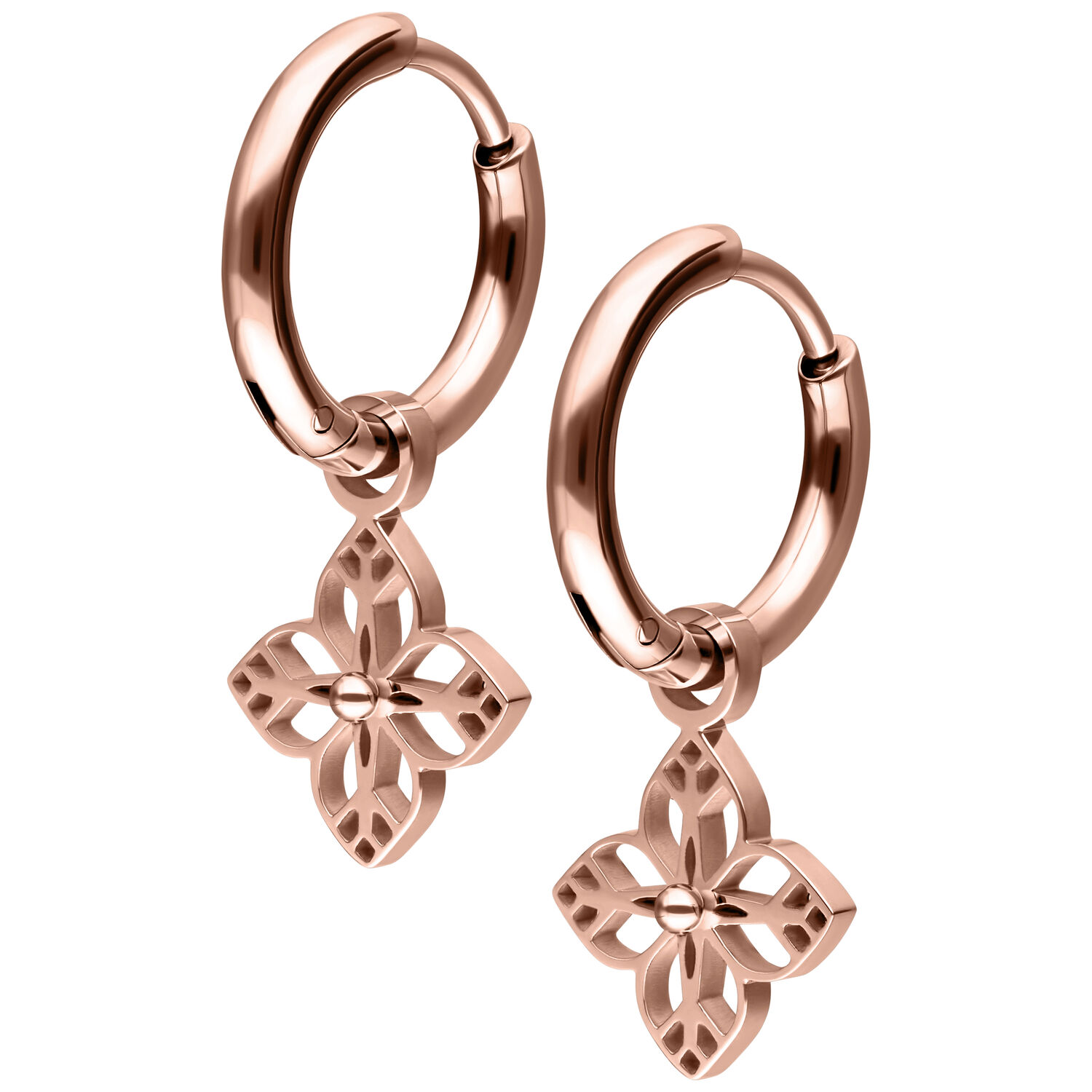 Orecchini a cerchio in oro rosa con pendente floreale, sfondo bianco