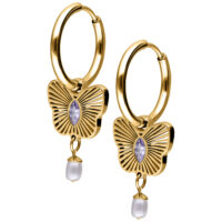 Orecchini dorati con design a farfalla Orecchini dorati con ciondolo a farfalla, cristallo viola e perla