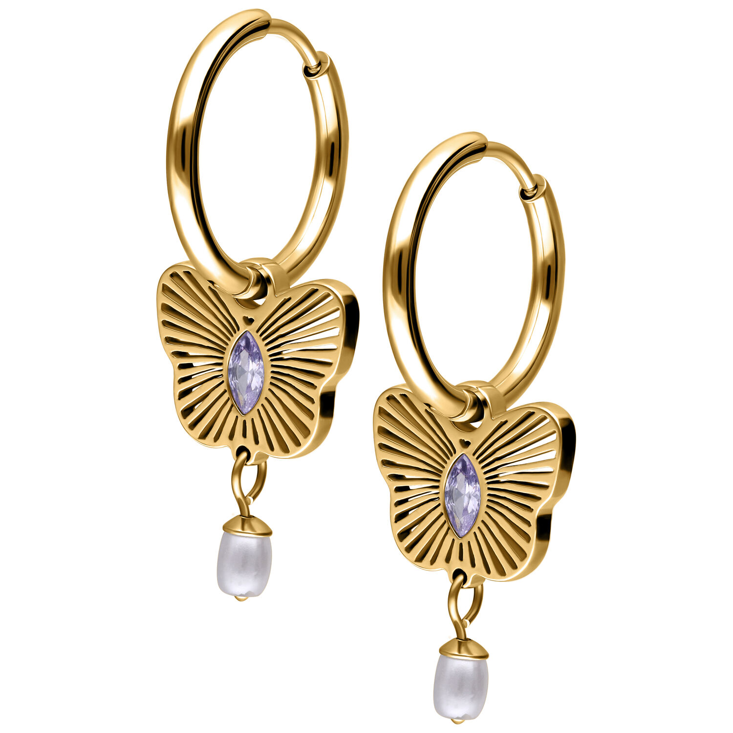 Orecchini dorati con design a farfalla Orecchini dorati con ciondolo a farfalla, cristallo viola e perla