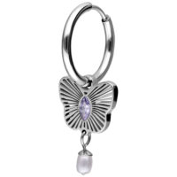 Orecchino d'argento con ciondolo a farfalla e cristallo viola, perla pendente