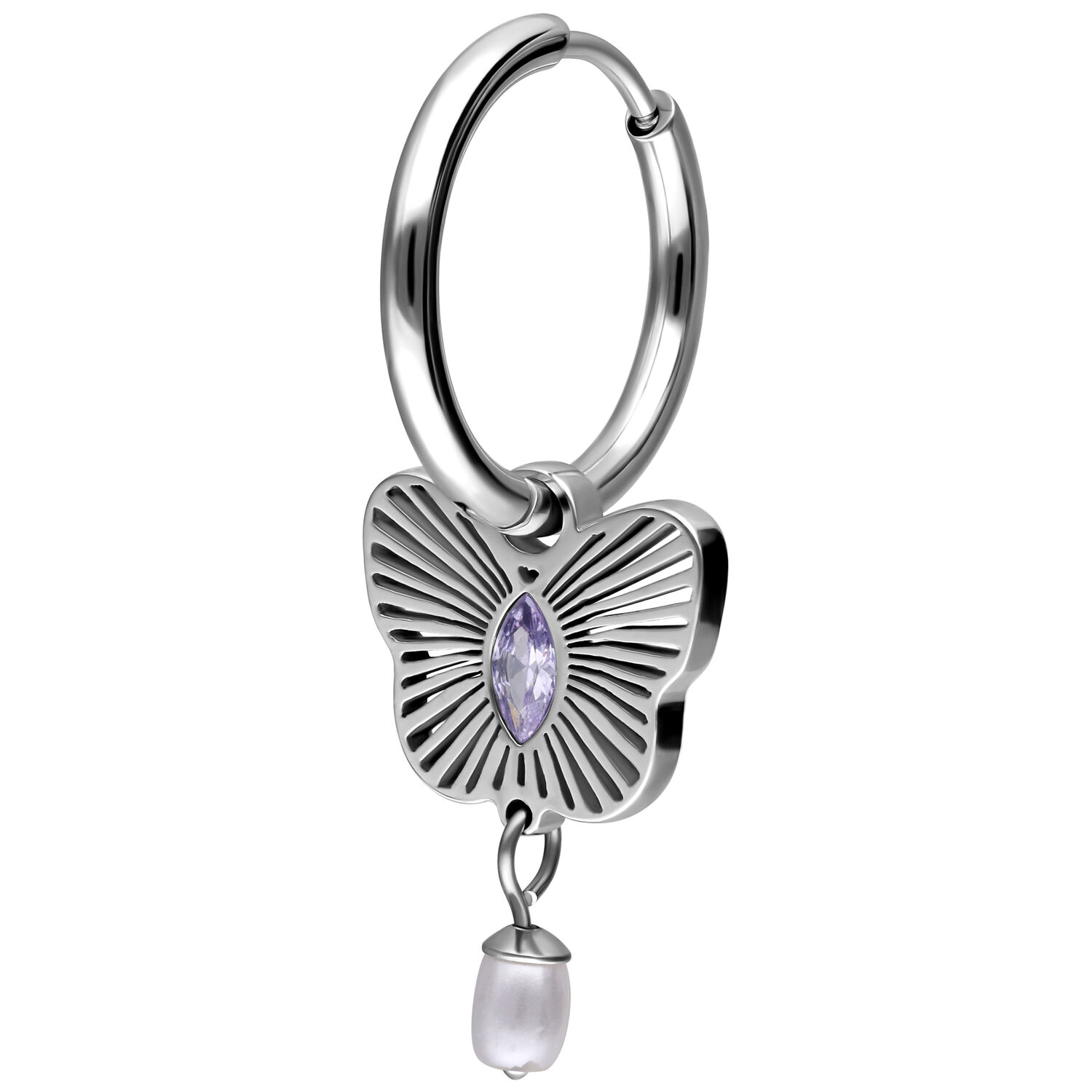 Orecchino d'argento con ciondolo a farfalla e cristallo viola, perla pendente